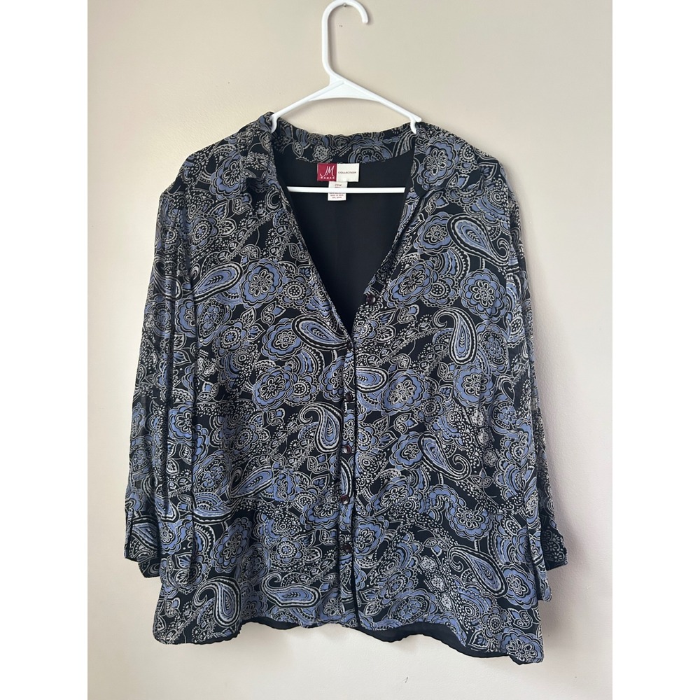 JM Collection Woman Black Blue Paisley Print Button Up Blouse Top Plus‎ Size 20W